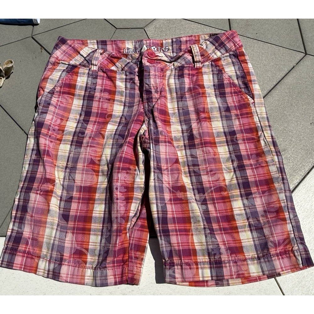 Vintage Limited Too Girls Size 10‎ 1/2 Plaid Shorts Bermuda Pink Purple Hibiscus